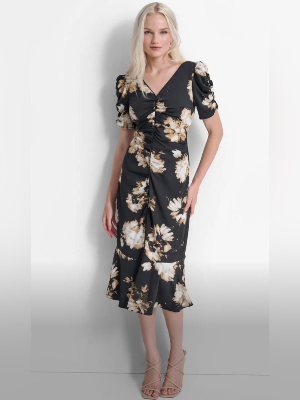Dkny Black Midi Dress with Cream Floral Print Size 10 & 14